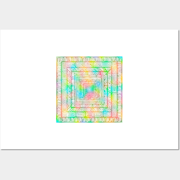 Neon Swirls on Concentric Squares, Neon Rainbow Pattern Wall Art by cherdoodles